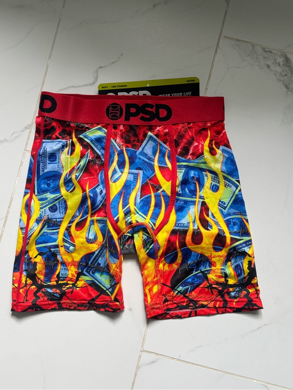 PSD Flame & Money Boxer Briefs - Red, Blue, Yellow